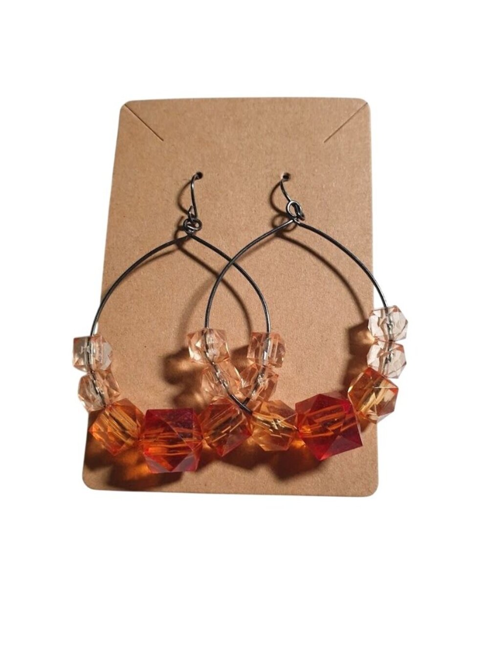 Beaded Dangle Hoop Earrings Lightweight Wire Orange Clear Acrylic Beads Hook